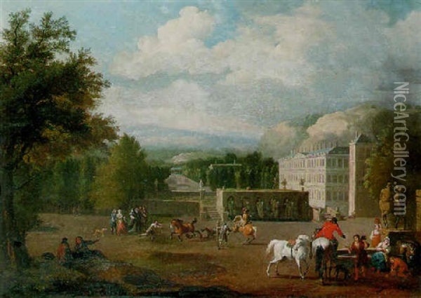 A View Of A Country Mansion With A Riding School, A Traveller At A Fountain In The Foreground Oil Painting - Jan van Huchtenburg