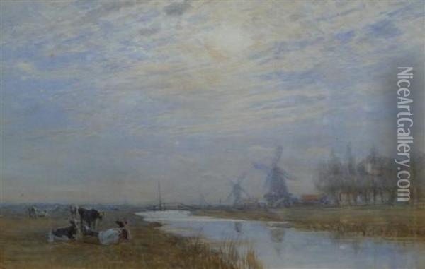 Cattle Beside A Canal Oil Painting - Augustus Watford Weedon