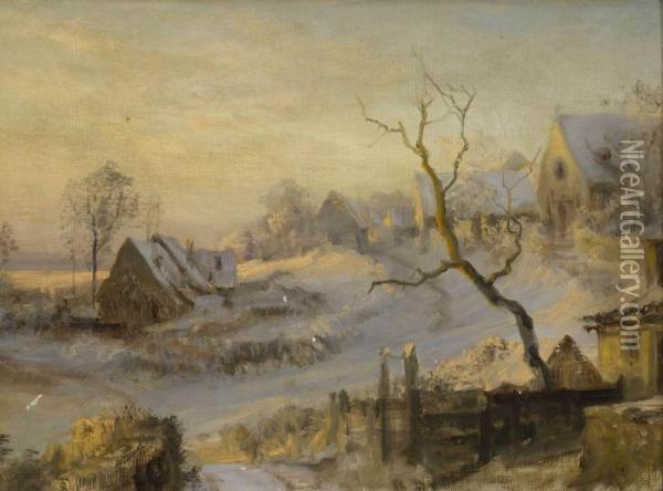 Winterliche Dorflandschaft. Oil Painting - Theodor Christoph Schuz