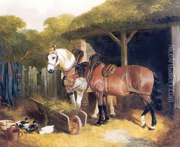 Two Harnessed Cart Horses 1853 Oil Painting - John Frederick Herring Snr