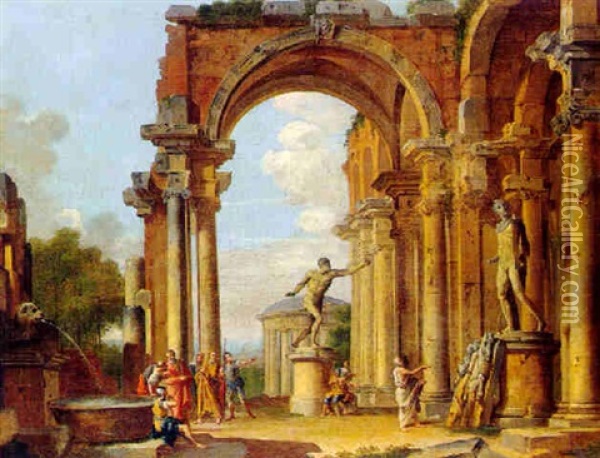 Capriccio Of Roman Ruins With The Statues Of The Borghese Gladiator And The Apollo Belvedere Oil Painting - Giovanni Paolo Panini