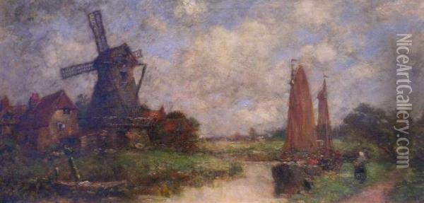 Dutch Landscape With Windmill Oil Painting - Jacob Henricus Maris