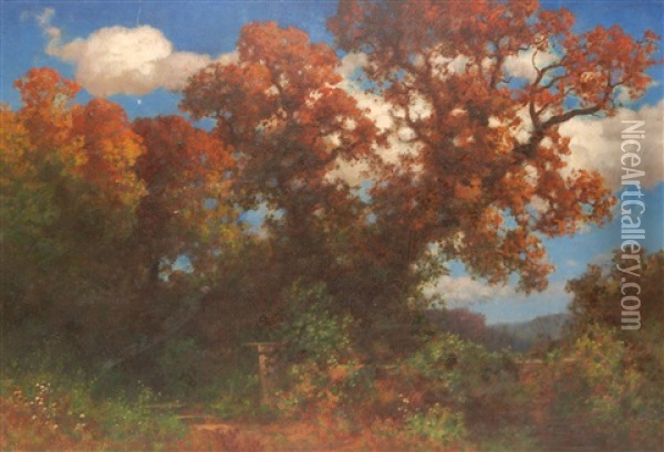 Autumn Landscape Forest Scene With Blue Sky And Clouds To Background Oil Painting - Traugott Hermann Ruedisuehli
