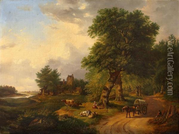 Landschaft Mit Hirten Und Pferdewagen Oil Painting - Hendrik Barend Koekkoek