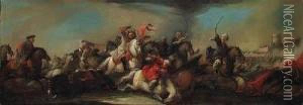 A Cavalry Battle Between Christians And Turks, A Fortressbeyond Oil Painting - Giovanni Luigi Rocco