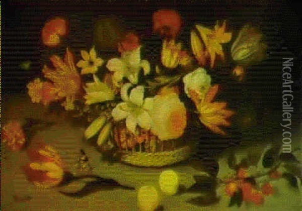 Un Panier De Fleurs, Un Papillon Pose Sur La Tige D'une     Tulipe, Une Chenille, Des Cerises... Oil Painting - Balthasar Van Der Ast