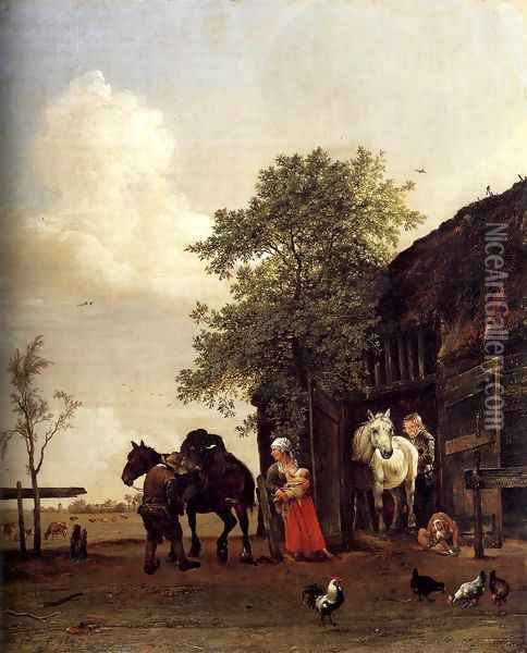 Figures with Horses by a Stable Oil Painting - Paulus Potter