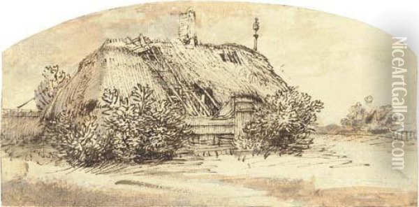 A Ruined Thatched Cottage Overgrown With Bushes Oil Painting - Rembrandt Van Rijn
