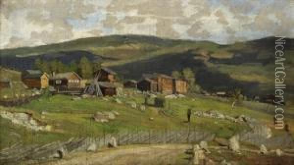 Gardsbruk Med Folkeliv, Gol 1877 Oil Painting - Fredrik Borgen