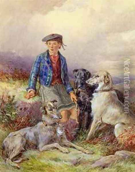 Scottish boy with wolfhounds in a Highland landscape Oil Painting - James Hardy Jnr