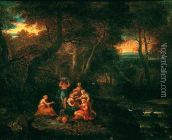 Une Assemblee De Sept Femmes Vetues A L'antique Sur La Berge D'une Riviere En Foret Oil Painting - Gabriel Allegrain