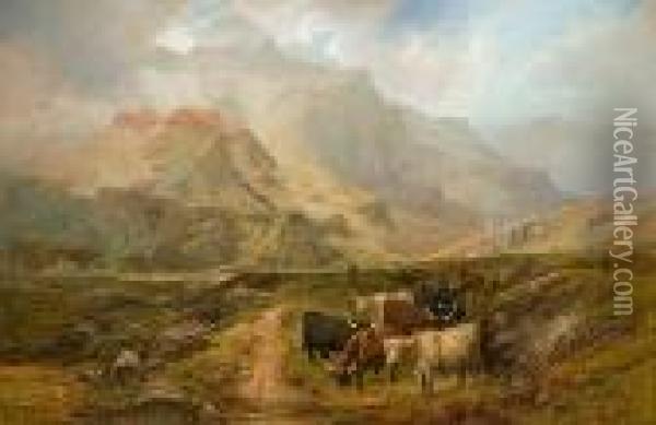 Highland Landscape With Cattle Oil Painting - Clarence Roe
