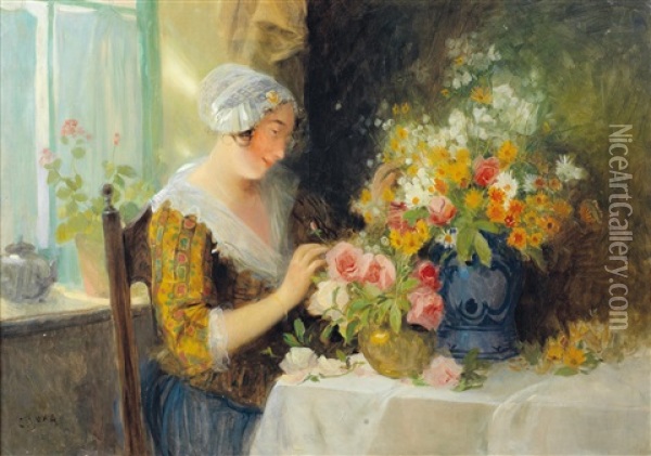 Beim Blumen Arrangieren Oil Painting - Carl Duxa