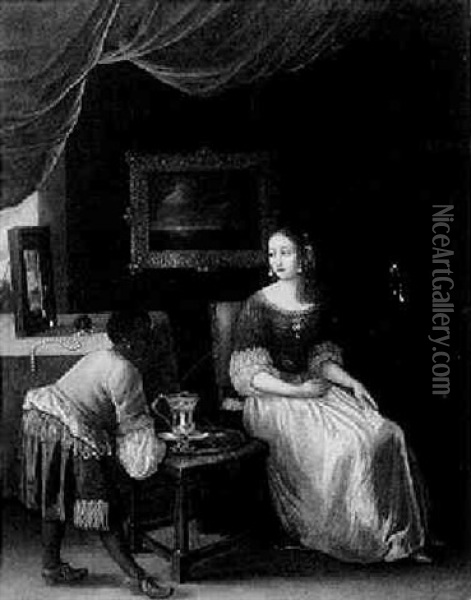 An Interior With A Lady And Her Servant Oil Painting - Reinier De La Haye