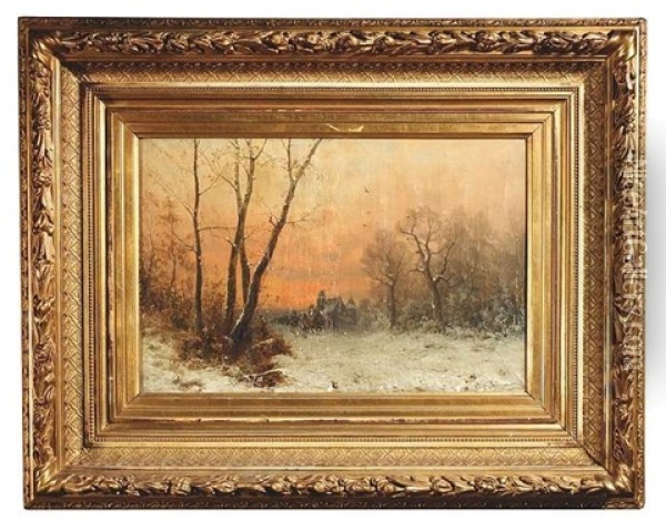 Winterlandschaft Bei Sonnenuntergang. Vor Einem Schloss Sammeln Sich Reiter Oil Painting - Friedrich Josef Nicolai Heydendahl