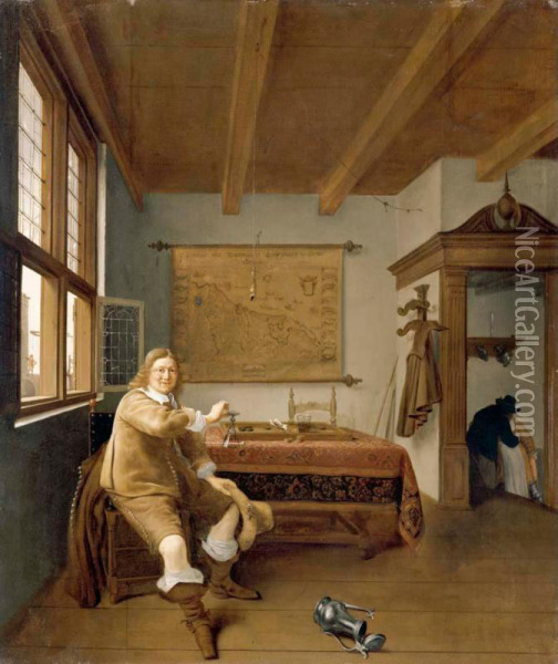 The Interior Of A Dutch House With A Seated Cavalier Holding An Upturned Wineglass Oil Painting - Isaack Koedijck