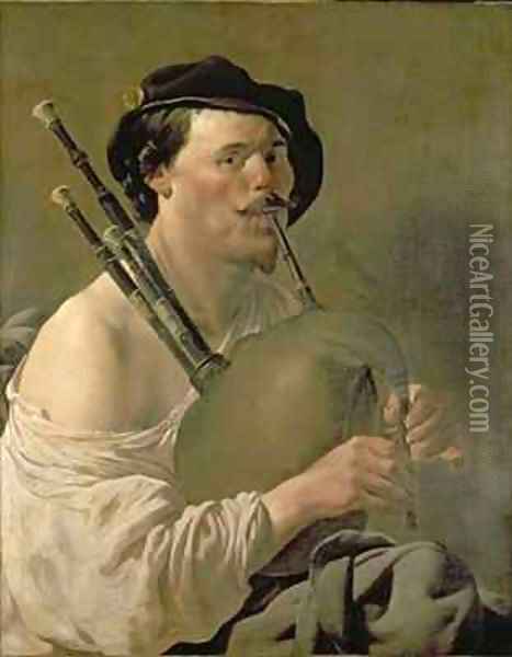 A Man Playing the Bagpipes Oil Painting - Hendrick Ter Brugghen