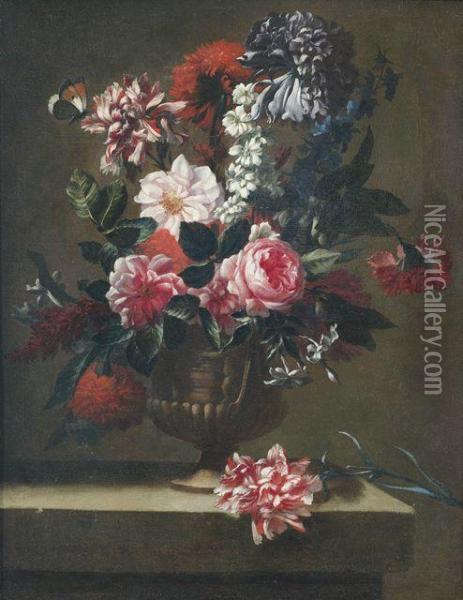 Blumenstilleben In Einer Reliefierten Henkelamphora Auf Steinpodest Oil Painting - Jean Baptiste Belin de Fontenay
