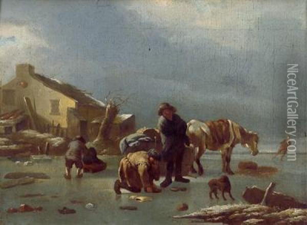 Eislaufer Und Einpferdeschlitten Auf Einem Gefrorenen Gewasser Oil Painting - Nicolaes Berchem