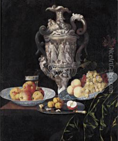 Still Life With An Elaborately 
Sculpted Urn And Blue And White Porcelain Bowls With Fruit Oil Painting - Johann Georg (also Hintz, Hainz, Heintz) Hinz