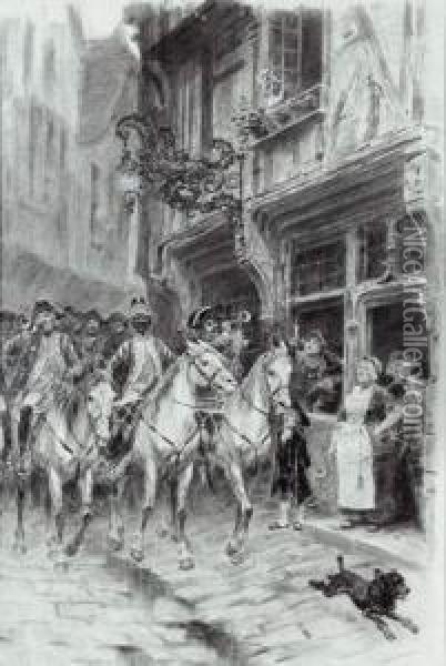 Entree Du Regiment Habille Comme A L'epoque Louis Xv Dans Une Ville Medievale Oil Painting - Charles Edouard Edmond Delort