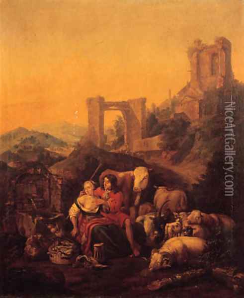A shepherd couple embracing by a fountain, classical ruins on a hilltop beyond, in an Italianate landscape Oil Painting - Johann Heinrich Roos