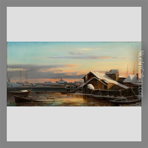Harbour In Winter Oil Painting - Johan Knutson