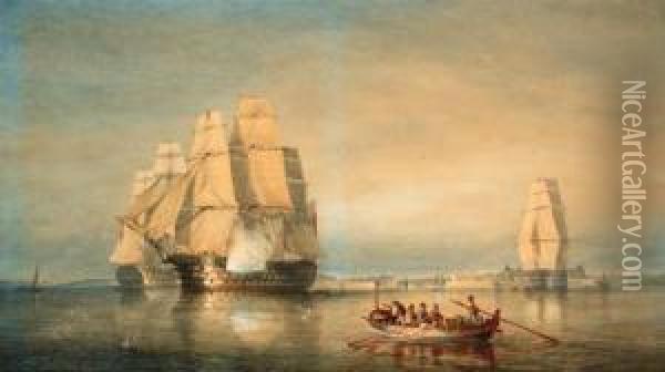 A British Squadron Of The Red Saluting It's Arrival Off Piraeus,greece Oil Painting - Gianni