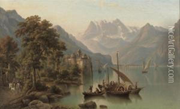 On A Calm Mountain Lake Oil Painting - Heinrich Jaeckel
