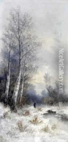 Reisigsammlerin Am Winterlichen Waldweiher Oil Painting - Karl Kaufmann