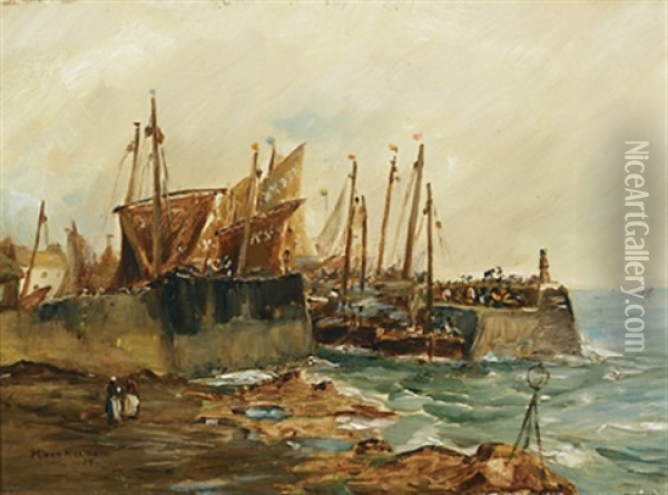 Fishing Boats Moored Behind Breakers Oil Painting - Henry Ivan Neilson
