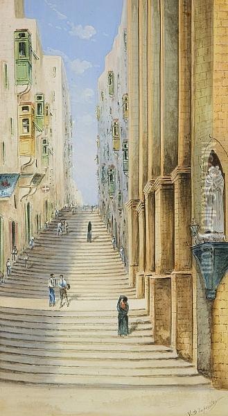Street Scene In Valletta Oil Painting - Vincenzo D Esposito