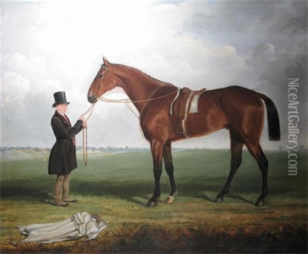 A Racehorse Held By A Groom (james Blackman-snook?) Oil Painting - J.C. Oldmeadow
