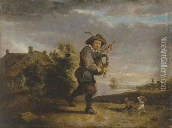 A bagpipe player in a landscape Oil Painting - Thomas Van Apshoven