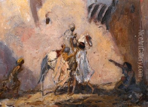 An Arab Horseman Accosted By Figures In A Street Oil Painting - Marius Bauer