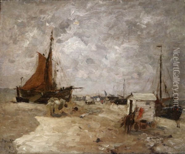 Bomschuiten And Bathing Hut On The Beach At Katwijk Oil Painting - Ludwig Munthe