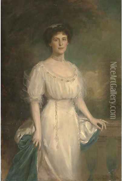 Portrait of a lady, three-quarter-length, in a white dress and ermin trimmed cloak Oil Painting - Edward Patry