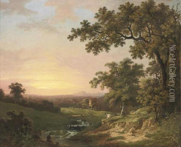 A Wooded River Landscape At Dusk, With An Angler In The Foreground And A Cottage Beyond Oil Painting - George Clint