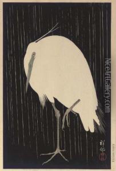 Standing Heron In Rain Oil Painting - Ohara Koson
