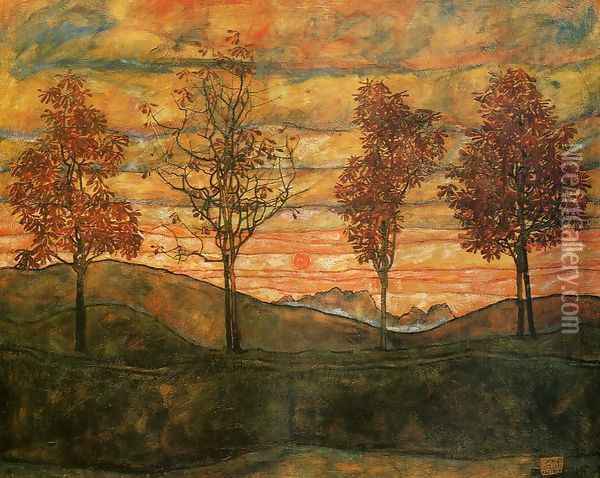 Four Trees Oil Painting - Egon Schiele