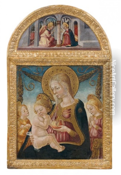 La Vierge A L'enfant Entoures D'anges, Somme D'un Fronton Contenant L'annonciation Oil Painting - Neri di Bicci