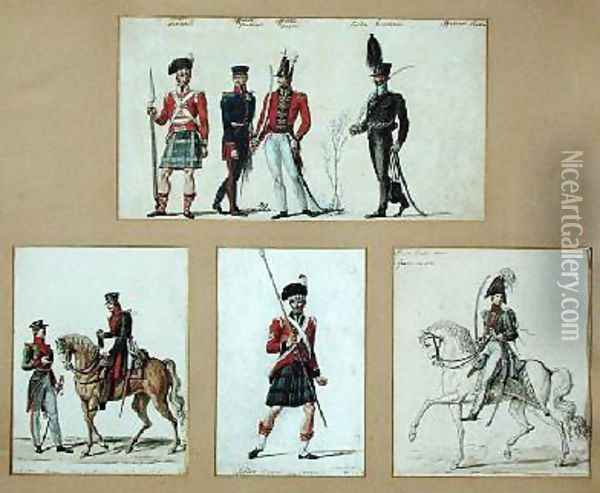 The uniforms of Scottish soldiers and Prussian Oil Painting - Pierre Antoine Lesueur