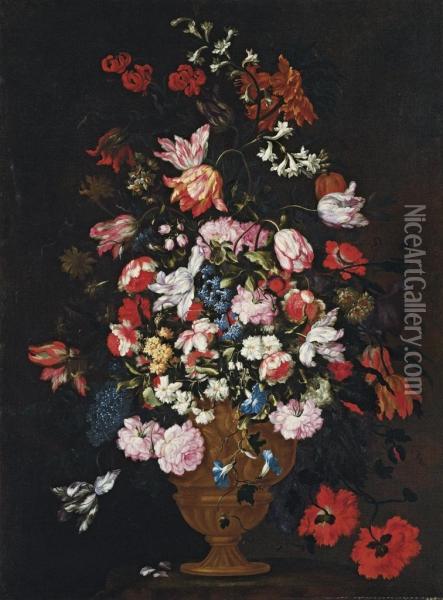 Roses, Tulips, Lilies And Other Flowers In A Bronze Urn On A Stone Socle Oil Painting - Felice Fortunato Biggi Dei Fiori