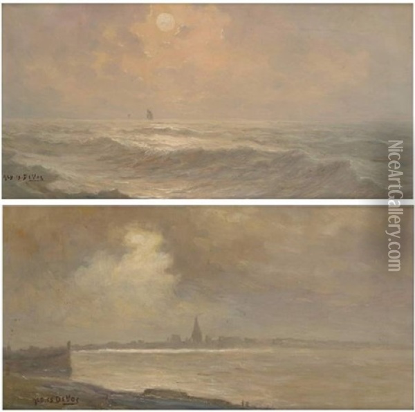 Coucher De Soleil Sur La Mer Du Nord (+ Lever De Soleil Sur La Mer Du Nord; 2 Works) Oil Painting - Albert Isidore de Vos