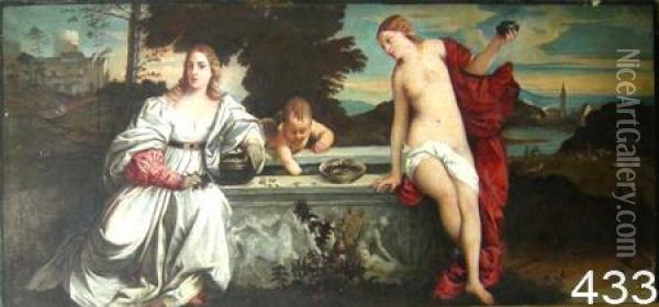 Amore Sacro E Amore Profano. Oil Painting - Tiziano Vecellio (Titian)
