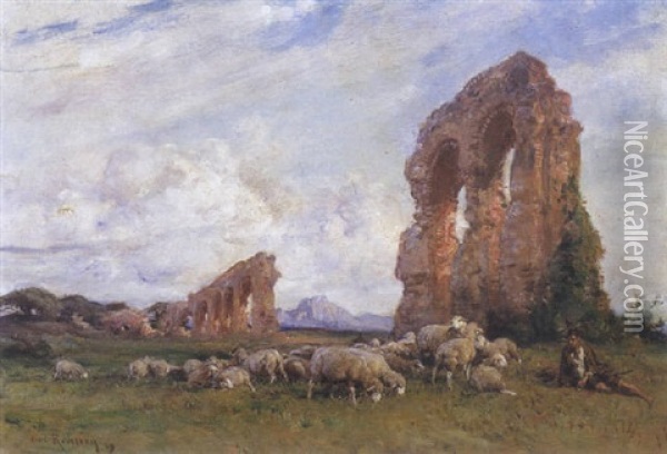 Berger Et Son Troupeau, Pres Des Ruines D'un Aqueduc Romain Oil Painting - Henri Emilien Rousseau