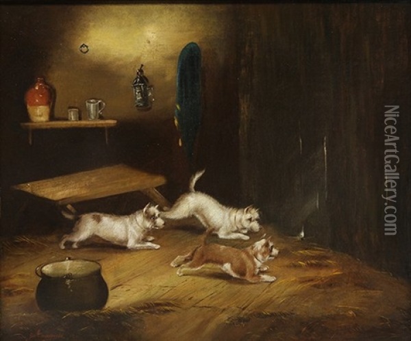 Dogs At Play In The Barn Oil Painting - George Armfield