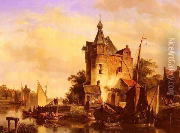 Along The Canal Oil Painting - Cornelis Springer