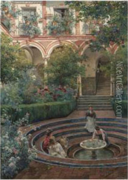El Patio De La Villa (the Villa Garden) Oil Painting - Manuel Garcia y Rodriguez