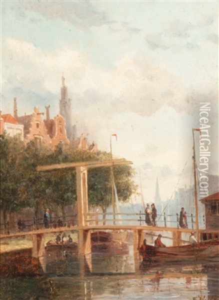 View Of Het Spaarne In Haarlem (+ View Of The Amsterdam Inner Harbor; 2 Works) Oil Painting - Johannes Frederik Hulk the Elder